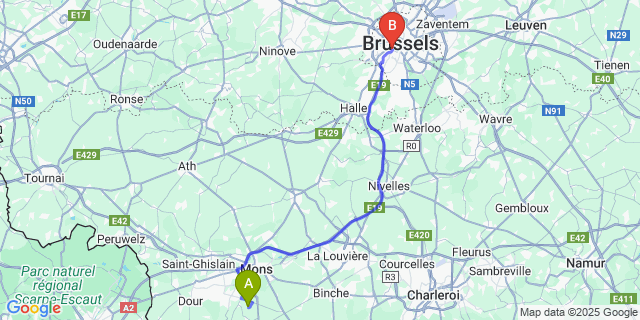 Map: Brussels Midi Train Station to Bougnies