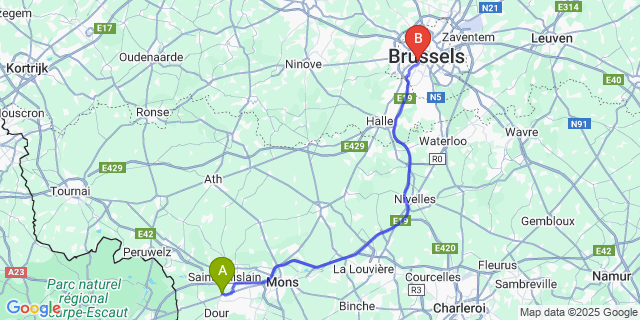 Map: Brussels Midi Train Station to Boussu