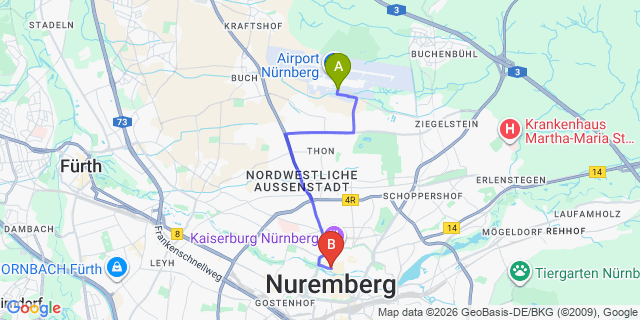 Map: Nuremberg Airport (NUE) to Nürnberg city (all areas)