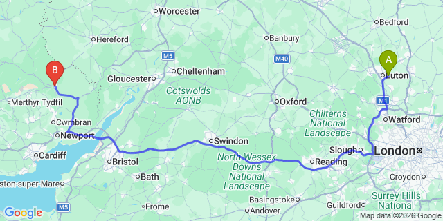 Map: London Luton Airport (LTN) to Abergavenny