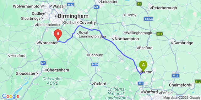 Map: London Luton Airport (LTN) to Alcester