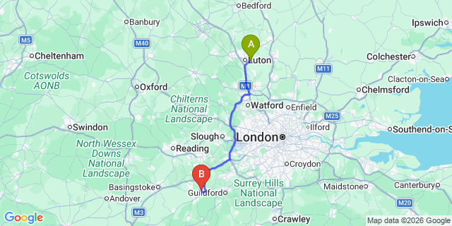 Map: London Luton Airport (LTN) to Aldershot