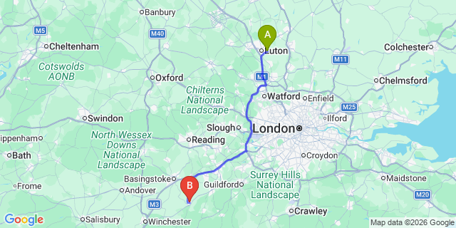 Map: London Luton Airport (LTN) to Alton