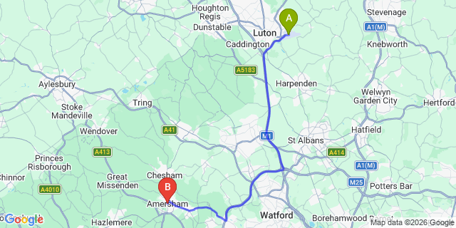 Map: London Luton Airport (LTN) to Amersham