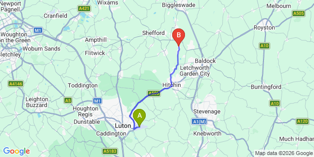 Map: London Luton Airport (LTN) to Arlesey
