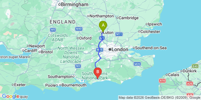 Map: London Luton Airport (LTN) to Arundel