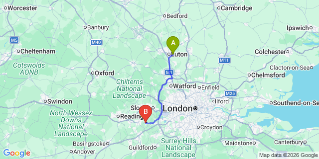 Map: London Luton Airport (LTN) to Ascot