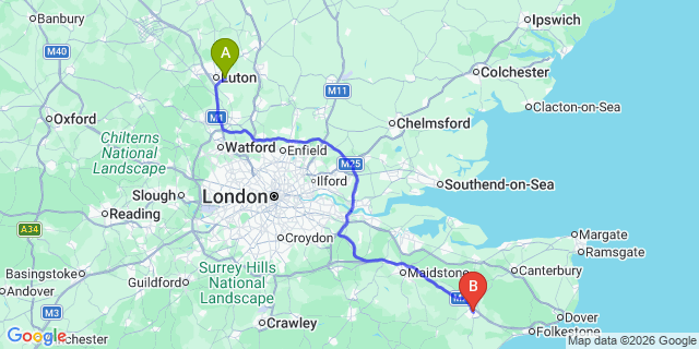 Map: London Luton Airport (LTN) to Ashford