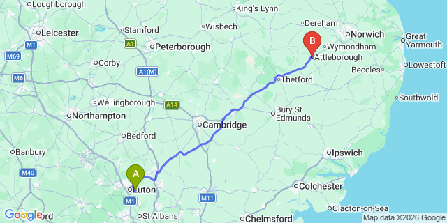 Map: London Luton Airport (LTN) to Attleborough