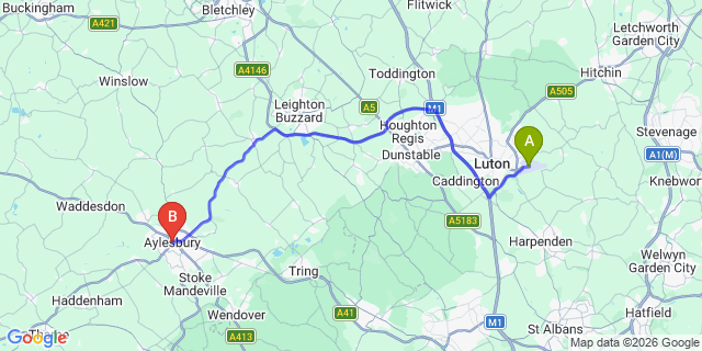 Map: London Luton Airport (LTN) to Aylesbury