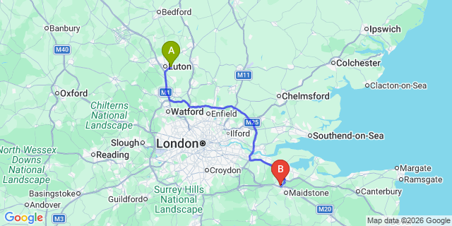 Map: London Luton Airport (LTN) to Aylesford