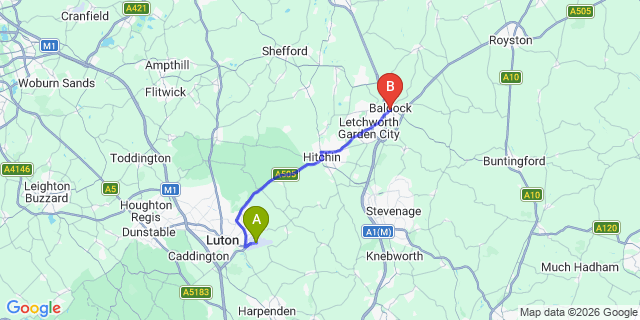Map: London Luton Airport (LTN) to Baldock