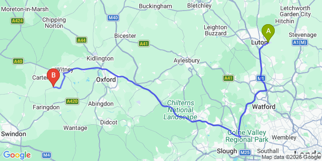 Map: London Luton Airport (LTN) to Bampton