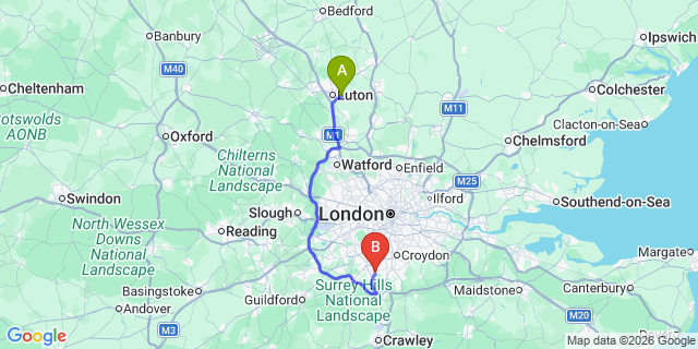 Map: London Luton Airport (LTN) to Banstead