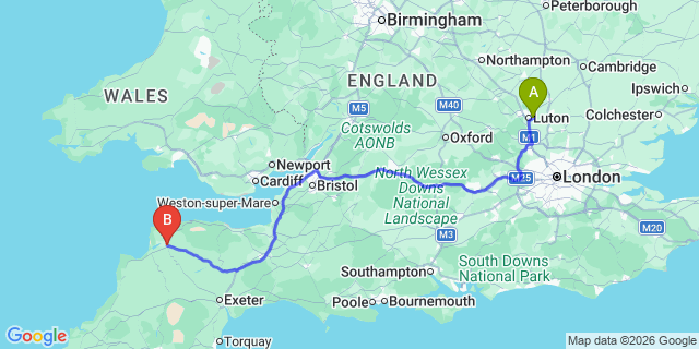 Map: London Luton Airport (LTN) to Barnstaple