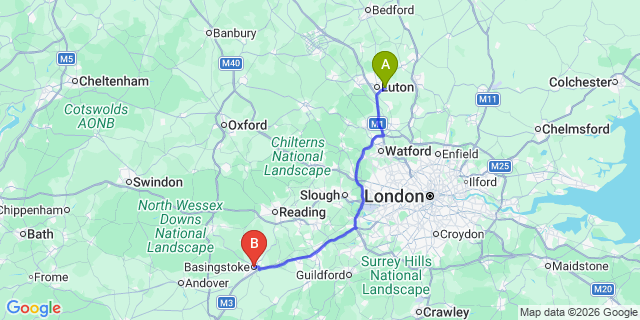 Map: London Luton Airport (LTN) to Basingstoke