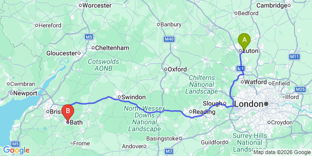 Map: London Luton Airport (LTN) to Bath