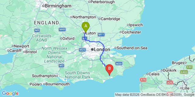 Map: London Luton Airport (LTN) to Battle