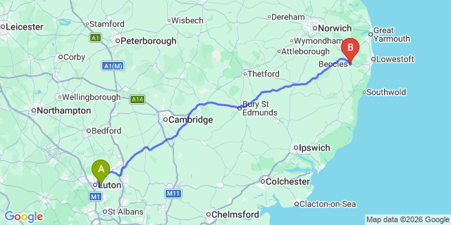 Map: London Luton Airport (LTN) to Beccles