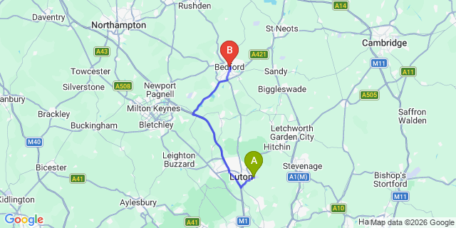 Map: London Luton Airport (LTN) to Bedford