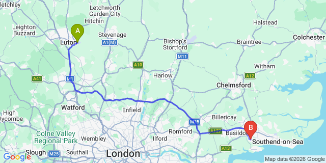 Map: London Luton Airport (LTN) to Benfleet