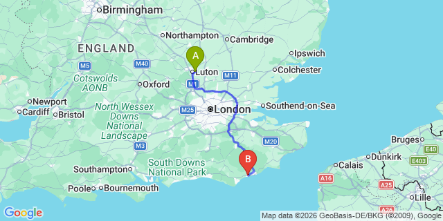 Map: London Luton Airport (LTN) to Bexhill