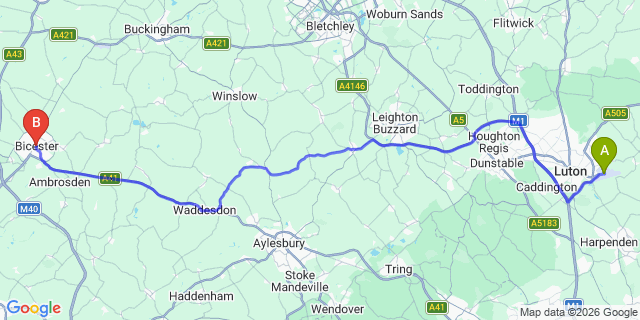 Map: London Luton Airport (LTN) to Bicester