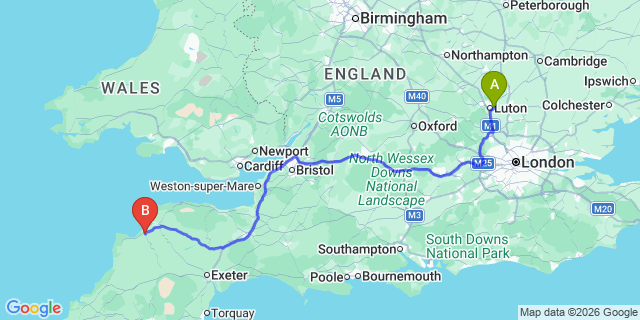 Map: London Luton Airport (LTN) to Bideford