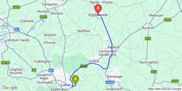 Map: London Luton Airport (LTN) to Biggleswade