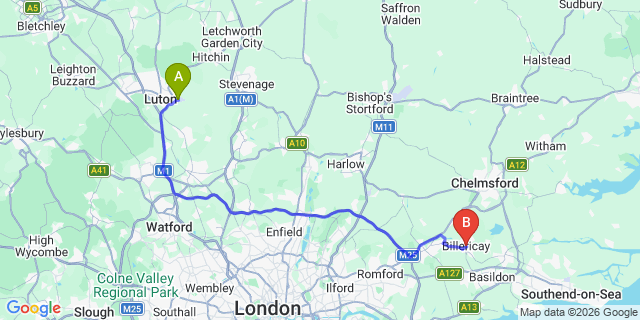 Map: London Luton Airport (LTN) to Billericay