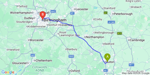 Map: London Luton Airport (LTN) to Birmingham