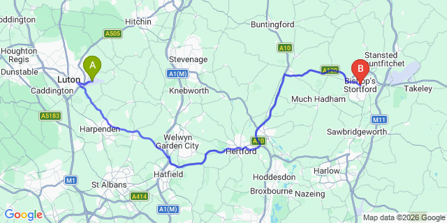 Map: London Luton Airport (LTN) to Bishops Stortford
