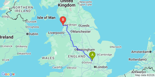 Map: London Luton Airport (LTN) to Blackpool