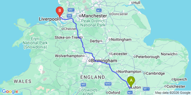 Map: London Luton Airport (LTN) to Bootle