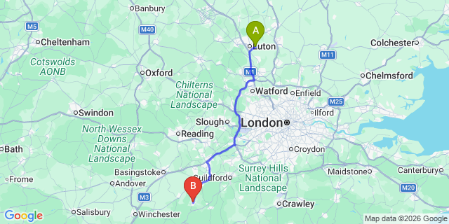 Map: London Luton Airport (LTN) to Bordon