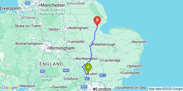Map: London Luton Airport (LTN) to Boston