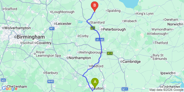 Map: London Luton Airport (LTN) to Bourne