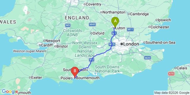 Map: London Luton Airport (LTN) to Bournemouth