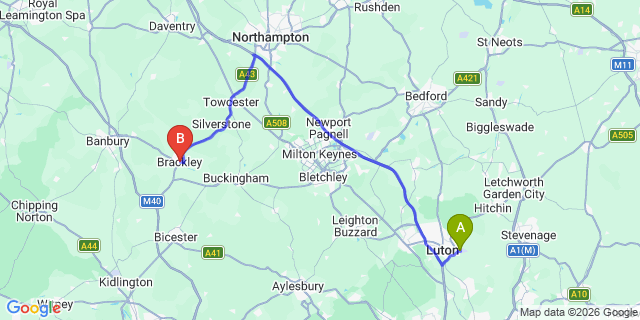 Map: London Luton Airport (LTN) to Brackley