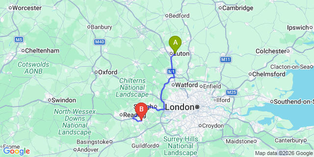 Map: London Luton Airport (LTN) to Bracknell