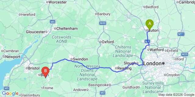 Map: London Luton Airport (LTN) to Bradford-On-Avon