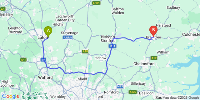 Map: London Luton Airport (LTN) to Braintree