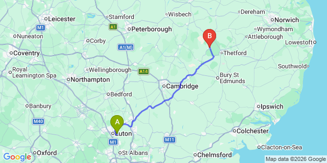 Map: London Luton Airport (LTN) to Brandon
