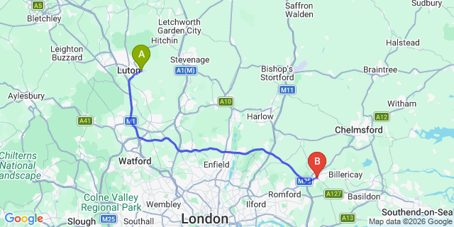Map: London Luton Airport (LTN) to Brentwood