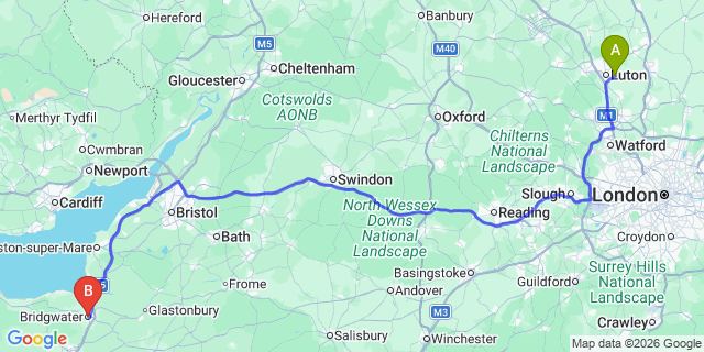 Map: London Luton Airport (LTN) to Bridgwater