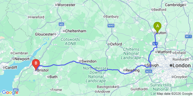 Map: London Luton Airport (LTN) to Bristol