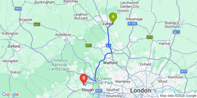 Map: London Luton Airport (LTN) to Britwell
