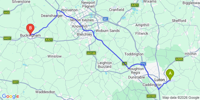 Map: London Luton Airport (LTN) to Buckingham