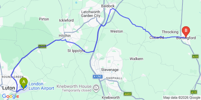 Map: London Luton Airport (LTN) to Buntingford