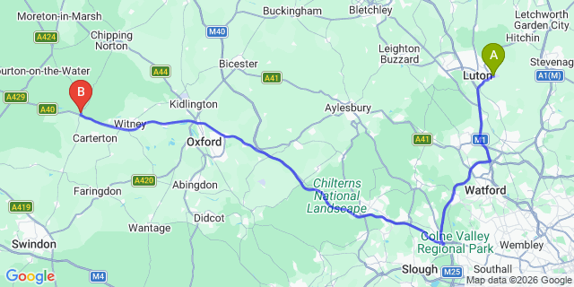 Map: London Luton Airport (LTN) to Burford